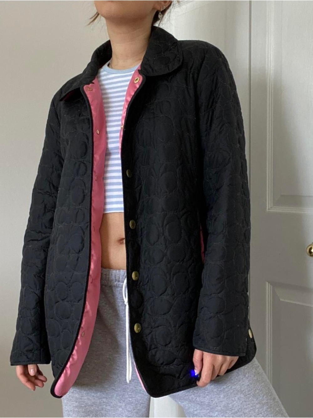 Coach Black Quilted Puffer Jacket with Pink Interior and Gold-Tone Hardware